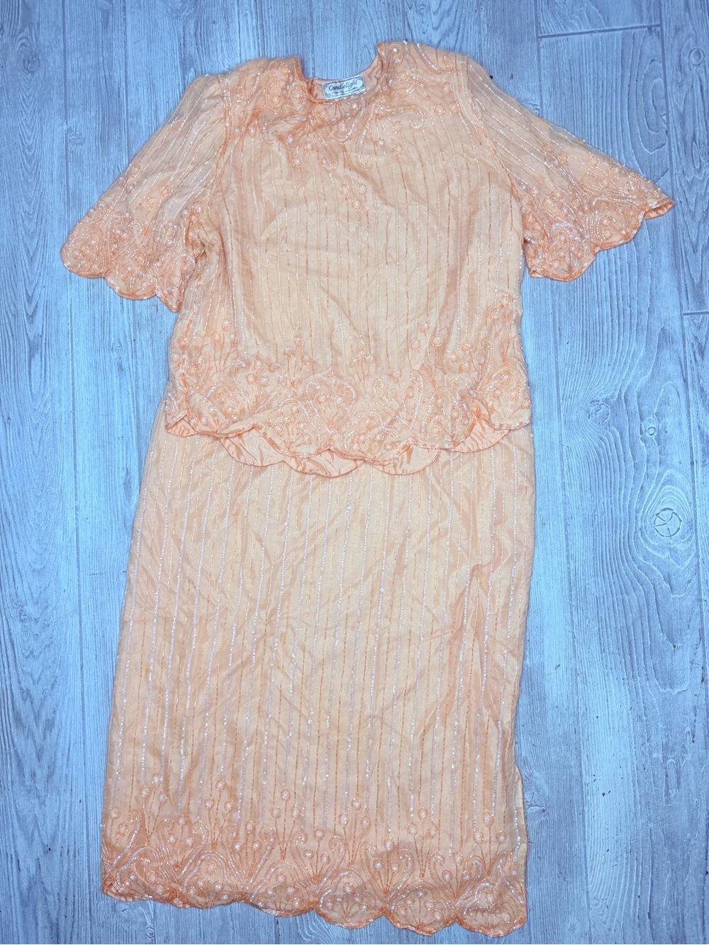 Vintage silk beaded candle light pink beaded skirt and short sleeve shirt outfit